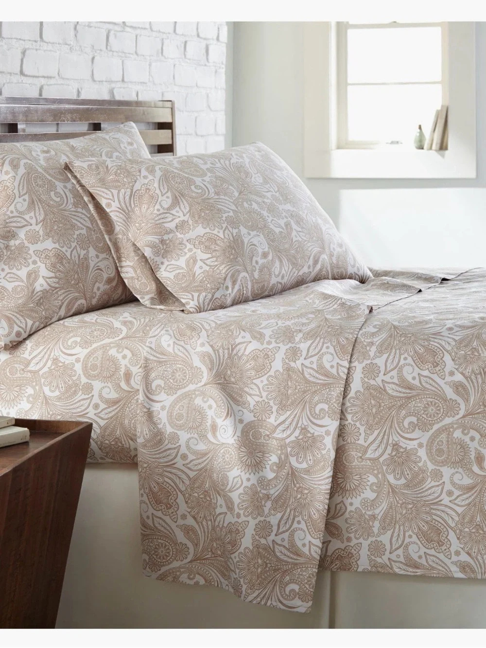 Neutral Paisley Cotton Sheet Set - Beige/White Queen Size